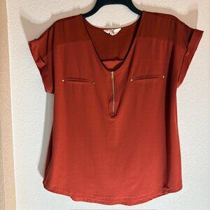 Sweet Wanderer L Rust Cuff Short Sleeve 1/4 Zip Front Faux Slit Pockets Grommets
